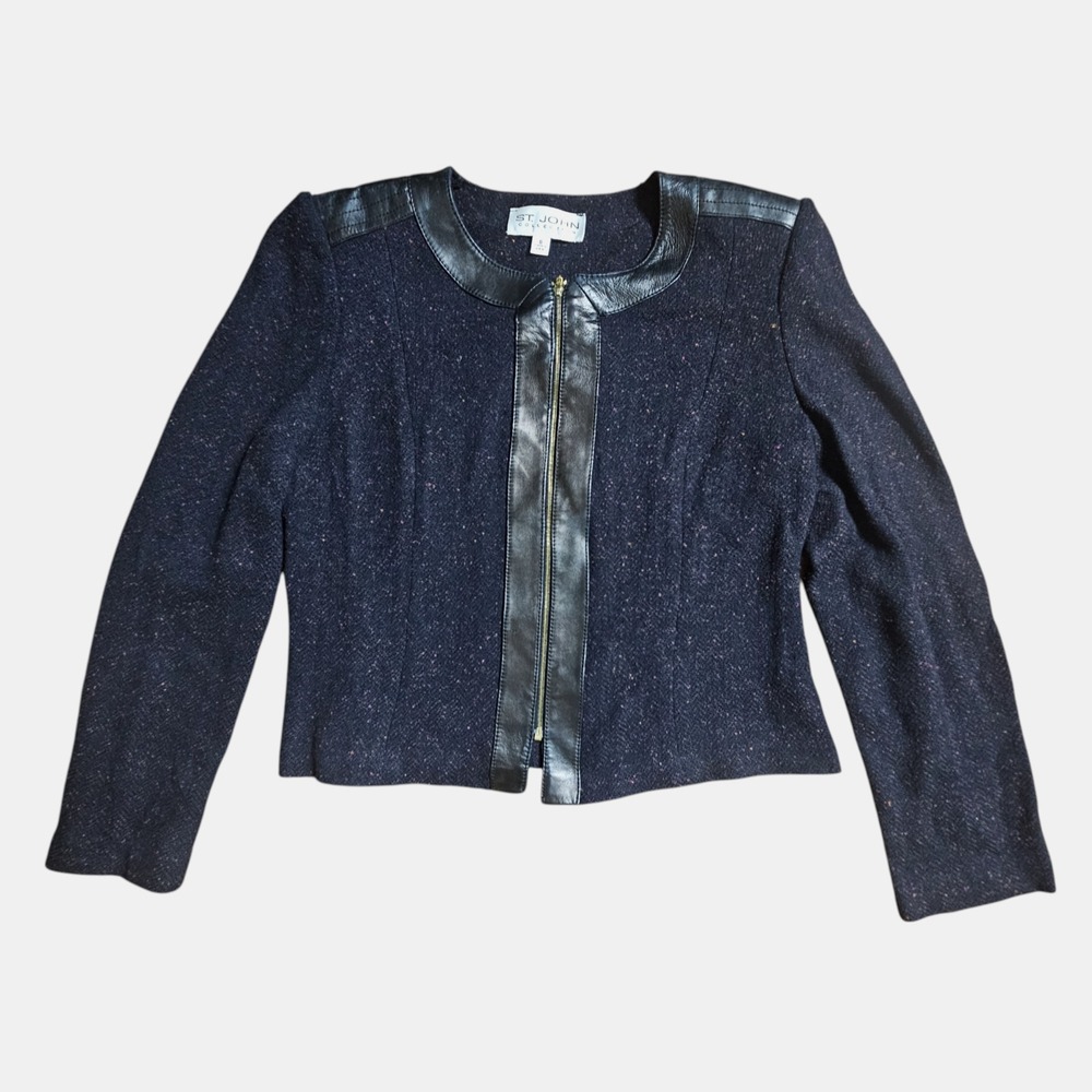St. John Collection Tweed Leather Trim Blazer Jacket 6‎ Front Zip Edgy Chic